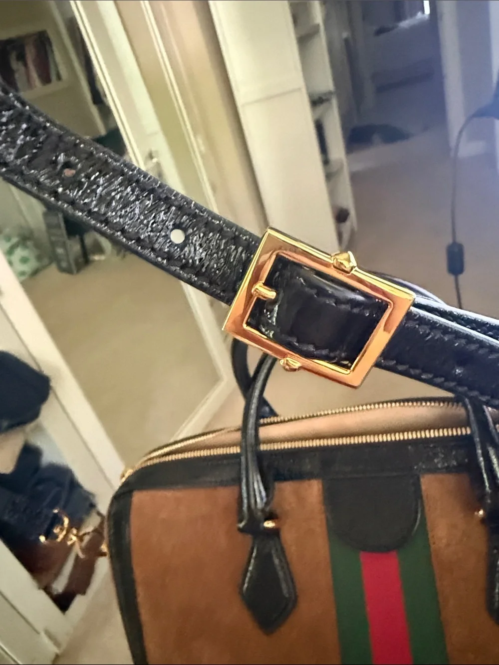 Gucci Brown Suede Top-Handle Bag with Black Trim and Green-Red Web